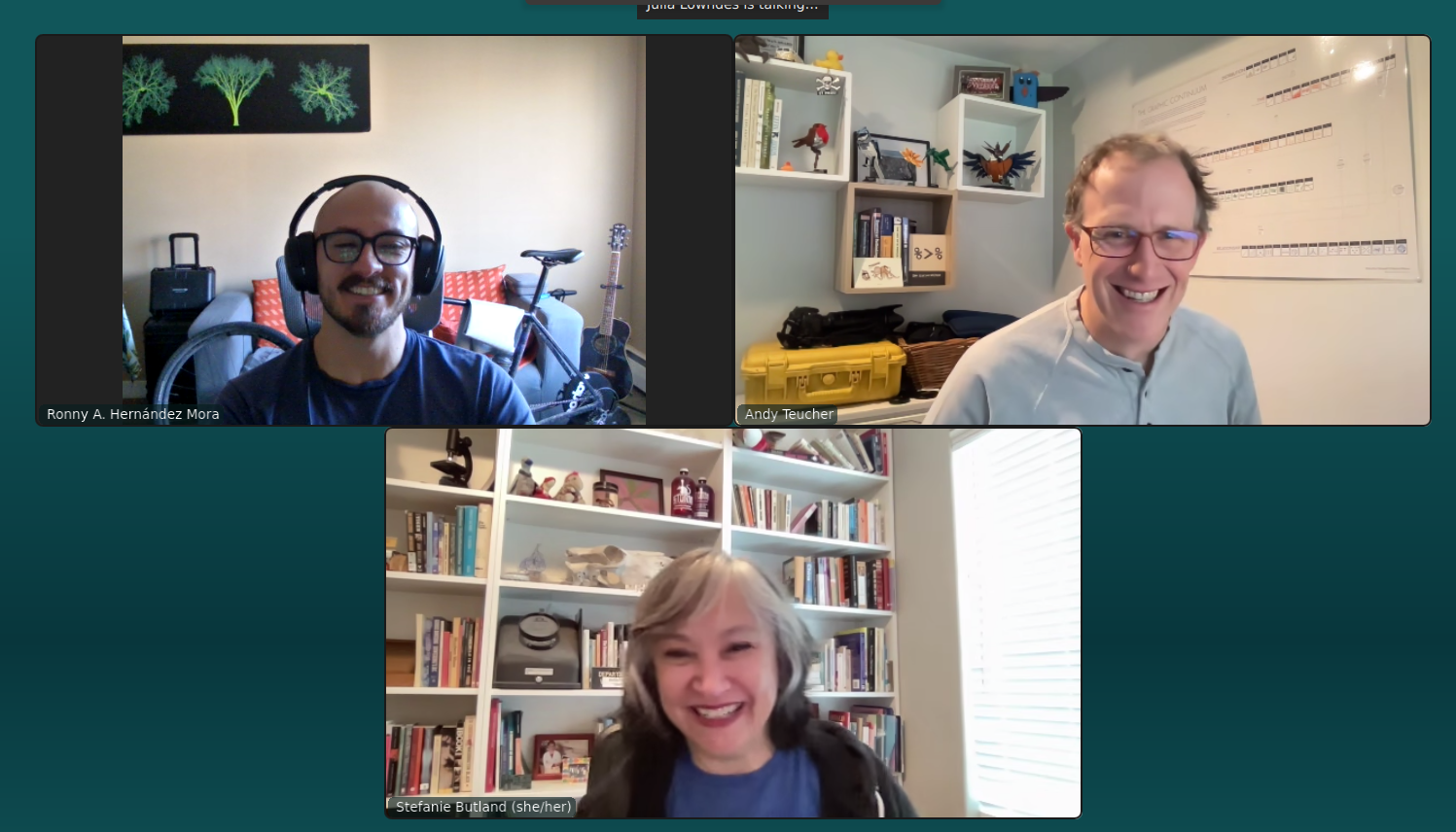 3 screenshots of zoom participants. People are smiling.